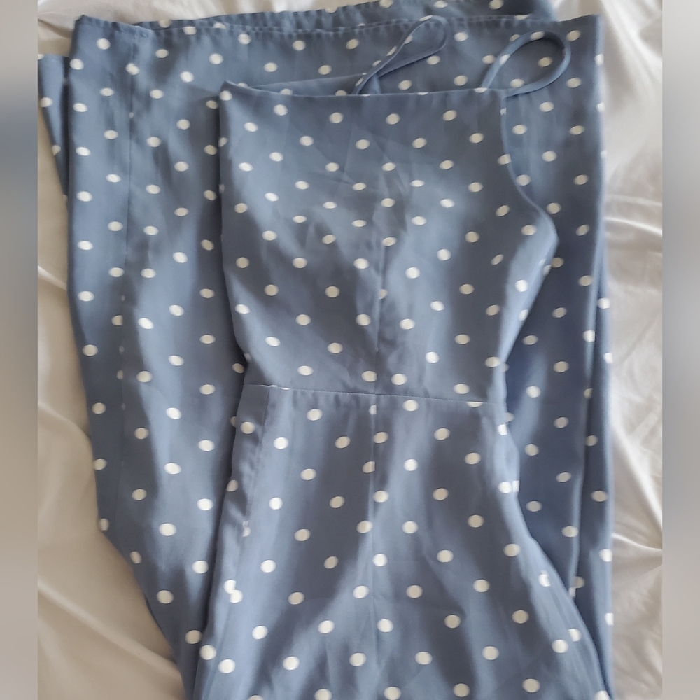 High Waisted Dusty Blue White Polka Dot Jumpsuit Spaghetti Straps Bow Backtie